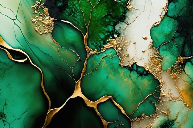 Абстрактное искусство чернил acohol зеленый и золотой фон Роскошный фон Ai создан