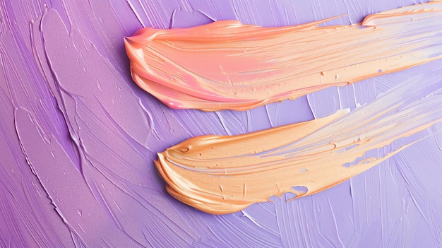 Абстрактные акриловые ярко-розовые и золотые штрихи краски толстые и имеют грубую текстуру Фон светло-фиолетовый
