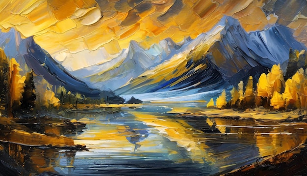 Abstract acrylic illustration of beautiful landscape Natural scenery with mountains Oil painting