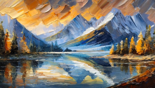 Abstract acrylic illustration of beautiful landscape Natural scenery with mountains Oil painting