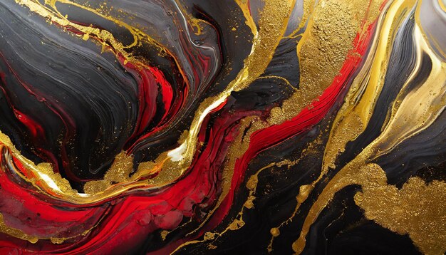 Abstract acrylic painting Closeup red black and gold background Oil paint texture with brush strokes