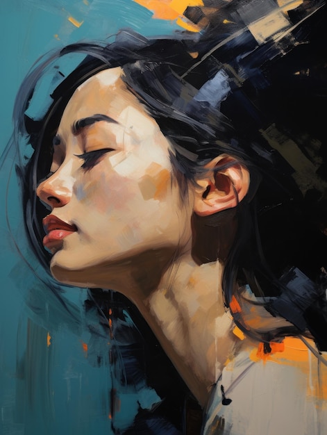 Abstract Acrylic Portrait of Asian Girl Looking Right AI Generated