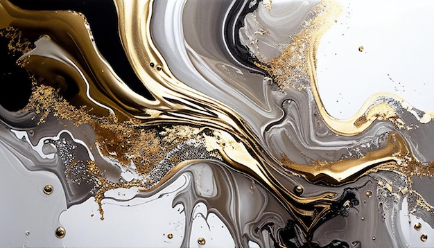 Abstract acrylic texture background fluid art black white and gold splatter paint mixing paint effect generative ai