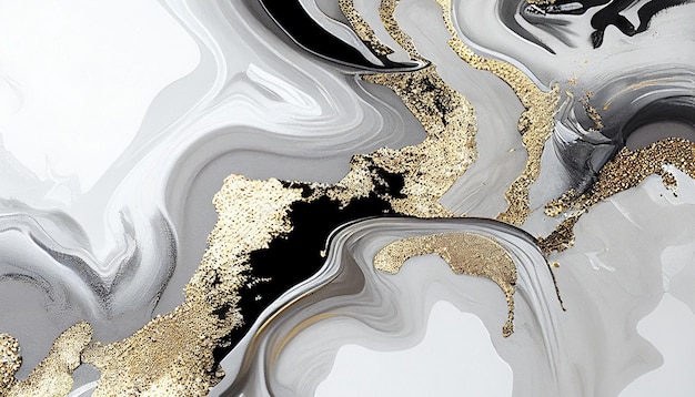 Abstract acrylic texture background fluid art black white and gold splatter paint mixing paint effect generative ai