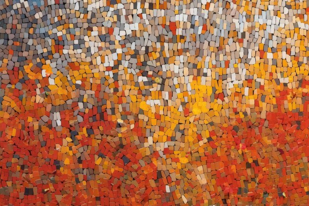 An abstract aerial mosaic of a multicolored autumn meadow captured by a drone