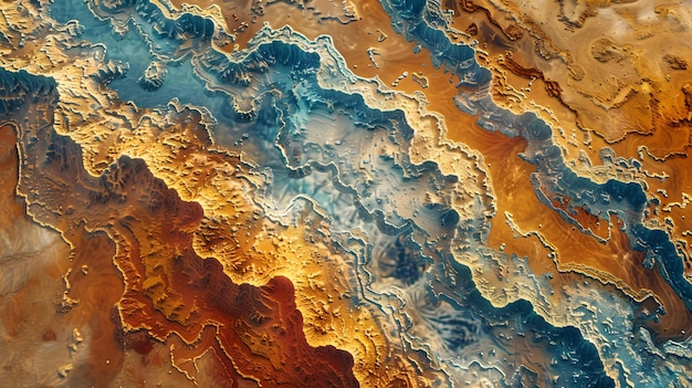 Abstract aerial view of a colorful terrain resembling an earthly landscape vivid earth tones in artistic expression suitable for background use AI