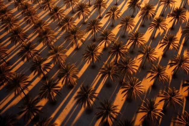 Abstract aerial view of a dense palm tree plantation at sunset shadows creating a pattern