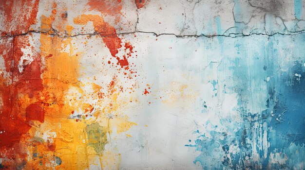 Abstract aged concrete wall blue red yellow tones texture peeling paint patterns Generative AI