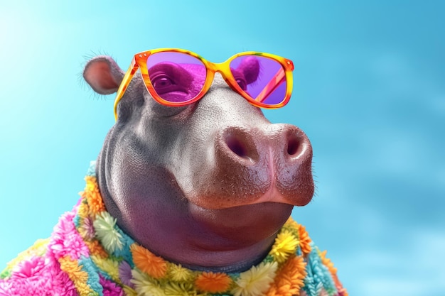 Abstract animal Hippopotamus portrait with colorful Afro hairs wearing sunglasses Generative AI
