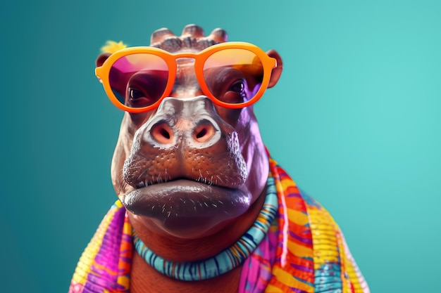 Abstract animal Hippopotamus portrait with colorful Afro hairs wearing sunglasses Generative AI