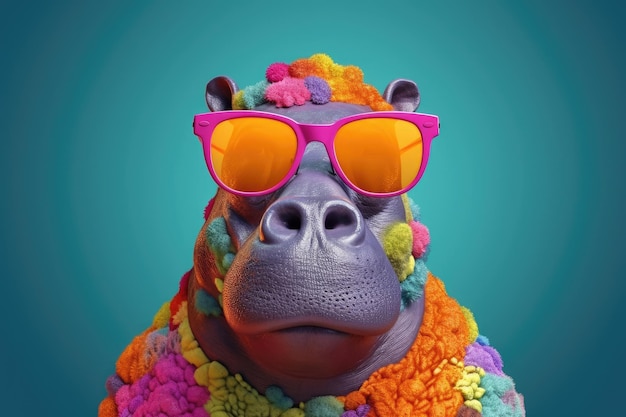 Abstract animal Hippopotamus portrait with colorful Afro hairs wearing sunglasses Generative AI