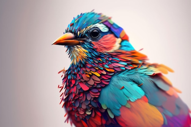 Abstract animal little Bird portrait with multi colorful on wings and feathers paint Generative AI