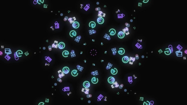 Photo abstract animation of hypnotic spiral of neon symbols animation psychedelic spiral of neon emojis on