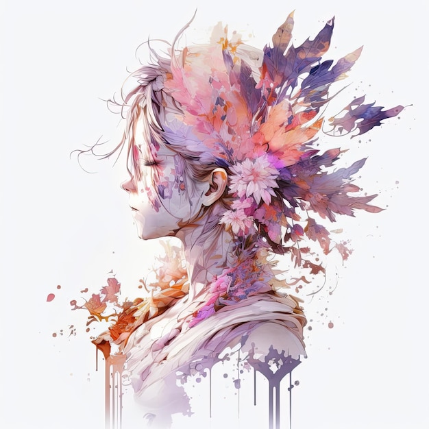 Abstract anime double exposure watercolor flower Digital illustration AI