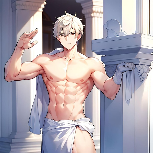 Abstract Anime Style Guy with Muscular Body Ancient Greek Style with Towel