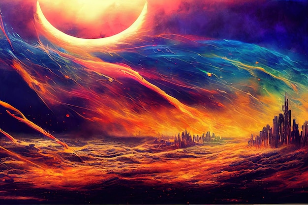 Abstract apocalyptic background burning and exploding planet digital art style illustration painting