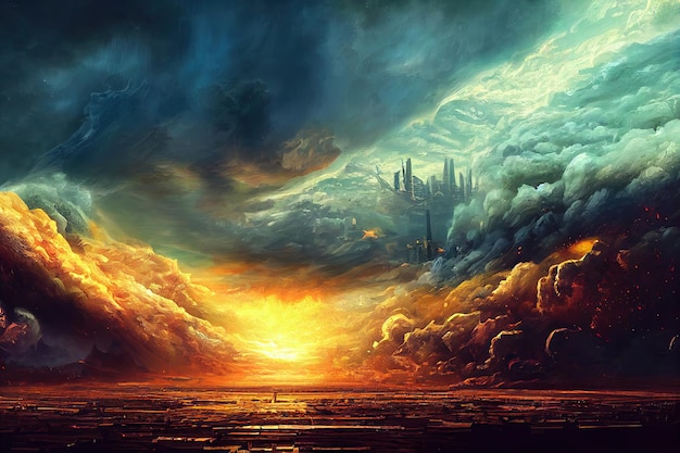 Abstract apocalyptic background burning and exploding planet digital art style illustration painting