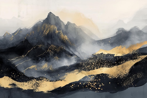 Abstract aquarel en goudkleurig met zwarte inkt bergenlandschappen Golvende lijnen Vloeiende penseelstreken