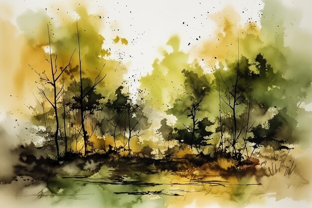 Abstract aquarel herfst landschap gouden kleur minimalisme 3 generatieve ai