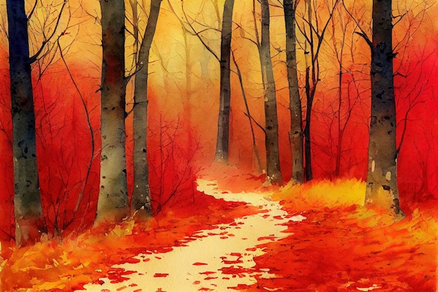 Abstract aquarel schilderij van herfst boslandschap met pad en kleurrijke bladeren 3D illustratie