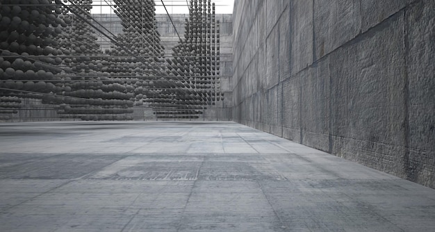 Abstract architectonisch betonnen interieur uit een reeks bollen met grote ramen 3D