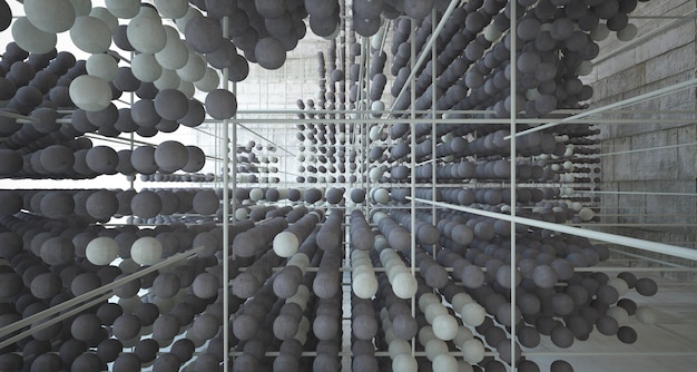 Abstract architectonisch betonnen interieur uit een reeks bollen met grote ramen 3D