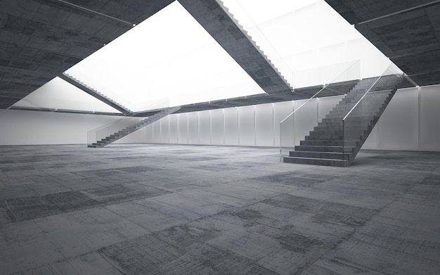 Abstract architectonisch betonnen interieur van een minimalistisch huis. 3D illustratie en weergave.