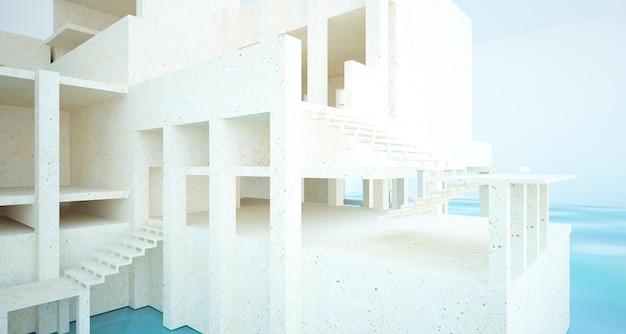 Abstract architectonisch betonnen interieur van een minimalistisch huis dat in het 3D water staat