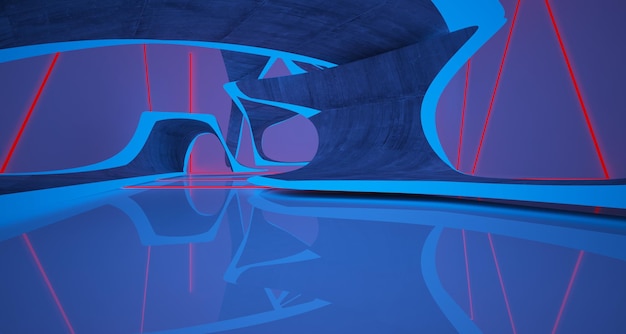 Abstract architectonisch betonnen interieur van een minimalistisch huis met kleurverloop neonverlichting 3D