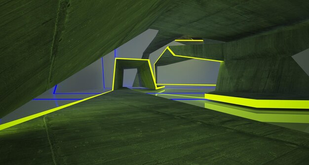 Abstract architectonisch betonnen interieur van een minimalistisch huis met kleurverloop neonverlichting 3D