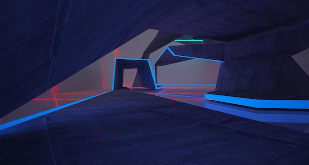 Abstract architectonisch betonnen interieur van een minimalistisch huis met kleurverloop neonverlichting 3D