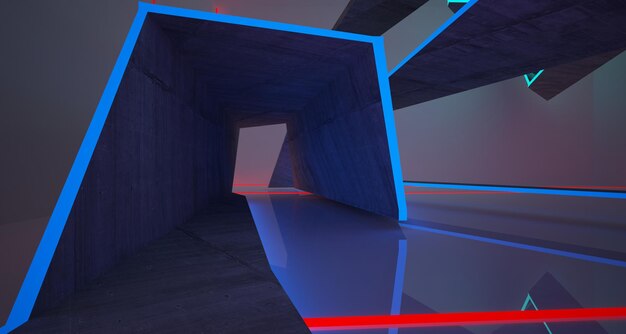 Abstract architectonisch betonnen interieur van een minimalistisch huis met kleurverloop neonverlichting 3D