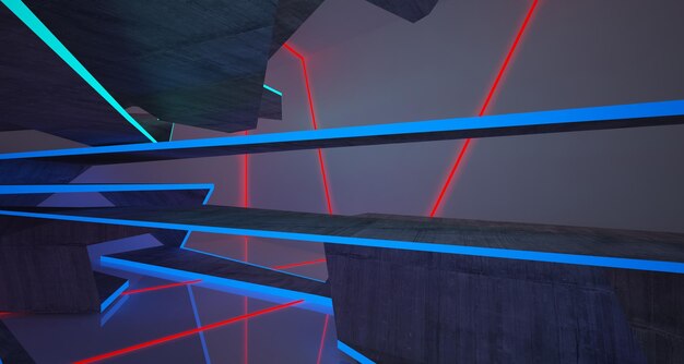 Abstract architectonisch betonnen interieur van een minimalistisch huis met kleurverloop neonverlichting 3D