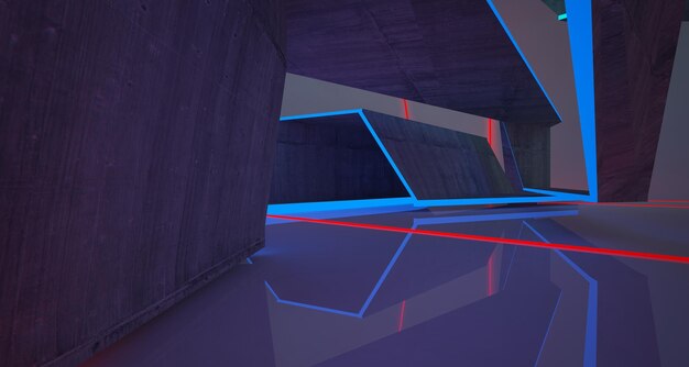 Abstract architectonisch betonnen interieur van een minimalistisch huis met kleurverloop neonverlichting 3D