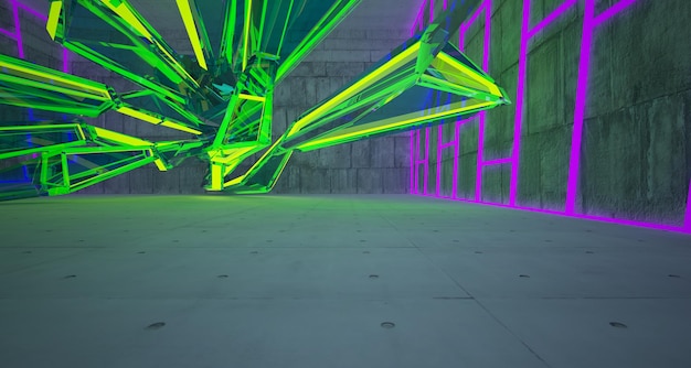 Abstract architectonisch betonnen interieur van een minimalistisch huis met kleurverloop neonverlichting 3D