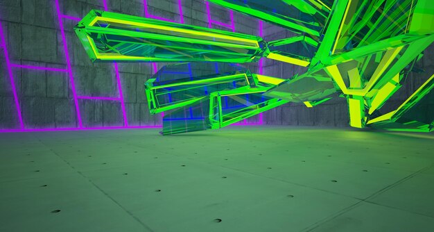 Abstract architectonisch betonnen interieur van een minimalistisch huis met kleurverloop neonverlichting 3D