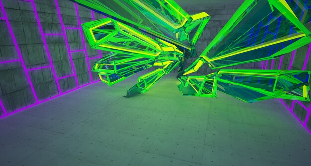 Abstract architectonisch betonnen interieur van een minimalistisch huis met kleurverloop neonverlichting 3D