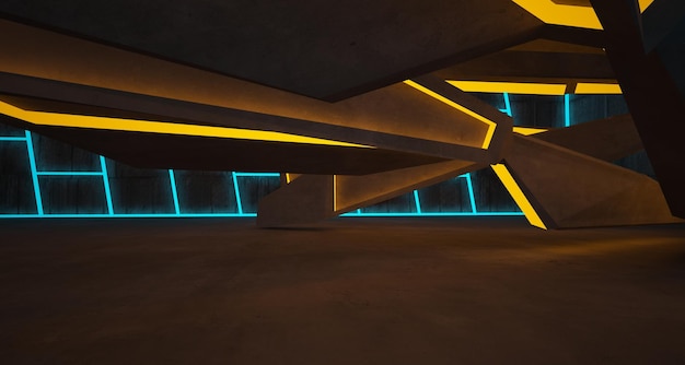 Abstract architectonisch betonnen interieur van een minimalistisch huis met kleurverloop neonverlichting 3D