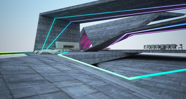 Abstract architectonisch betonnen interieur van een moderne villa aan zee met gekleurde neonverlichting 3D