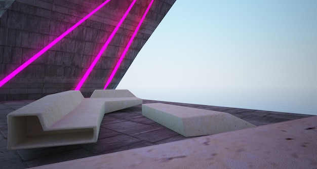 Abstract architectonisch betonnen interieur van een moderne villa aan zee met gekleurde neonverlichting 3D