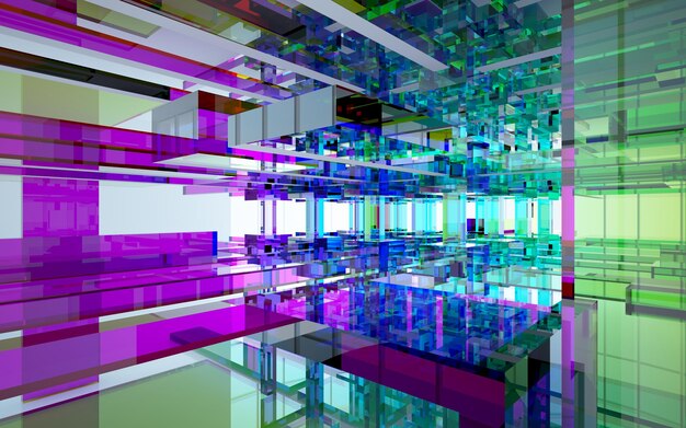 Abstract architectonisch glas kleurverloop interieur van een minimalistisch huis met grote ramen 3D