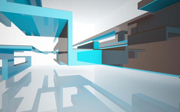 abstract architectonisch interieur met gekleurde gladde glazen sculptuur met zwarte lijnen 3D illustratio