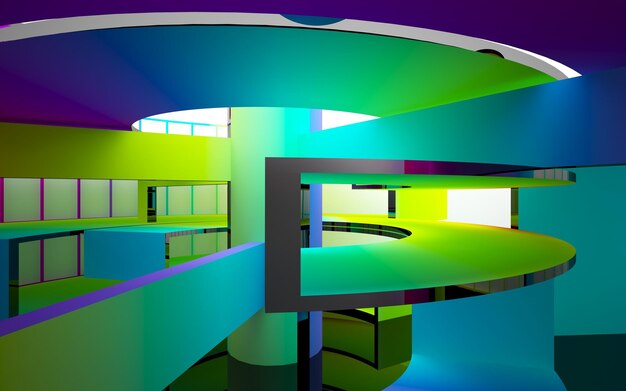 Foto abstract architectonisch interieur met gradiënt geometrische glazen sculptuur met zwarte lijnen 3d