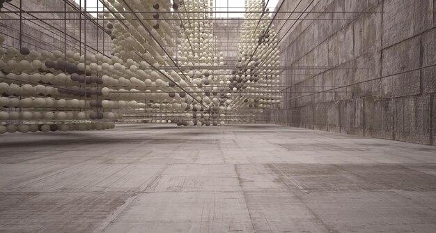 Abstract architectonisch interieur van hout en glas uit een reeks bollen met grote ramen 3D