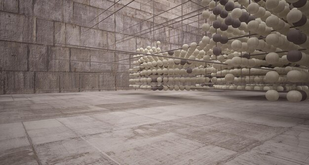 Abstract architectonisch interieur van hout en glas uit een reeks bollen met grote ramen 3D