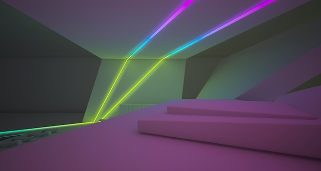 Abstract architectonisch wit interieur van een moderne villa aan zee met gekleurde neonverlichting 3D