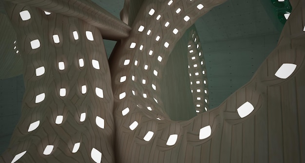 抽象的な建築背景木コンクリートとガラスで作られたインテリアネオン照明 3D