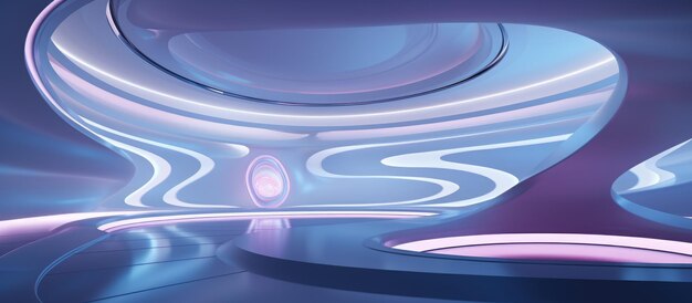 Abstract architectural background with white interior and discshaped elements under neon lighting