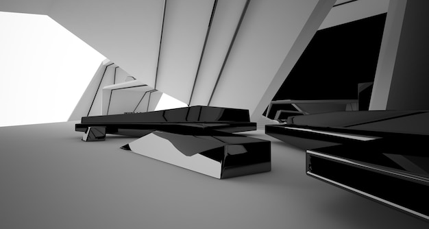 Abstract architectural black and white interior of a modern villa with neon lighting 3D