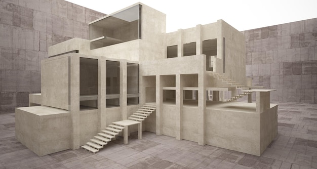 abstract architectural brown and beige concrete interior of a minimalist house